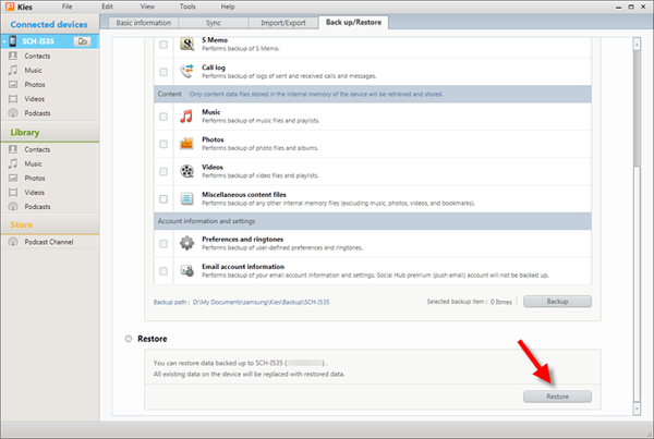 Restore Data from Samsung Kies to Samsung Galaxy S22/S22+/S22 Ultra