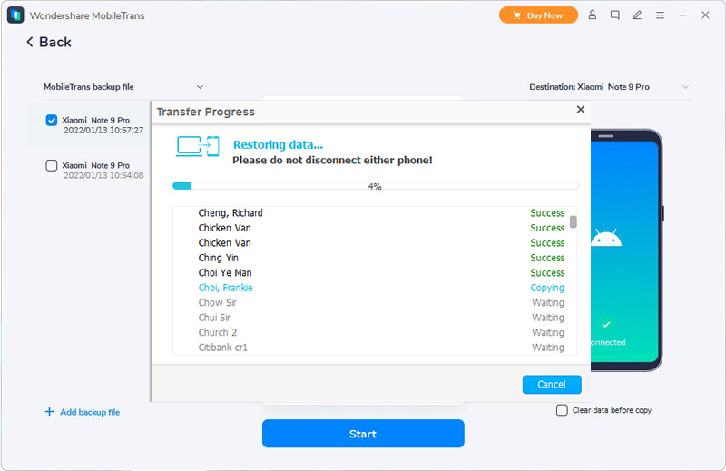 restore the selected data from the backup file to the Xiaomi Mi