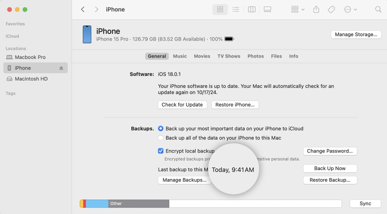 backup iphone 16 via Finder Backup on mac